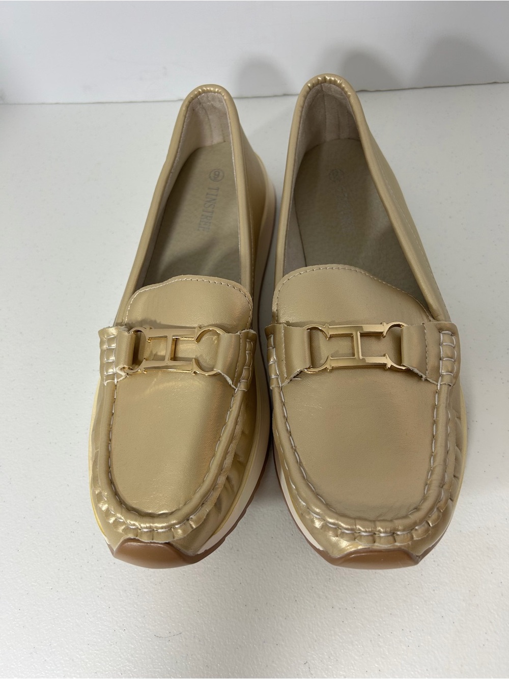 Tinstree Beige Women's Loafers with Gold Accent